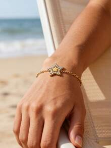 18K镀金星形锆石手链，波西米亚风金色沙滩度假不锈钢精致可调节链条手链 - 金色 - 查看 3