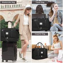 Bolsa de viaje, bolsa de viaje de fin de semana para mujer (con compartimento para zapatos), bolsa de mano para pasar la noche (con neceser), bolsa de gimnasio (con bolsa impermeable), bolsa de maternidad - Negro - Ver 6