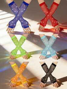 2pcs Women's 1980s Neon Street Party Punk Rhinestone Fishnet Fingerless Gloves, Halloween Party Carnival Mother's Day Gift - Multicolor - View 5