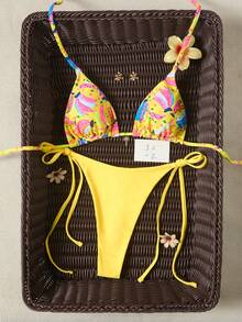 女士时尚露背系带比基尼套装，可爱水果印花，适合夏季海滩度假 - 黃色 - 查看 2