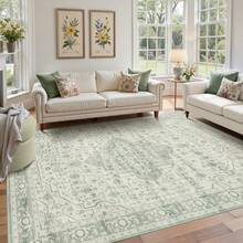 8x10 Area Rugs, Large Washable Neutral Rugs For Living Room, Vintage Boho Rugs For Office, Kids Room, Farmhouse, Durable Low Pile Non Slip Carpet For High Traffic Areas, Light Brown,  Home Decor Rugs - 聖人 - 查看 4