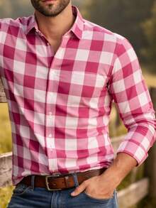 Men's Checkered Shirt, Comfortable Fashion, Long Sleeve, Country Style, June Festival, July Festival, Saint John's Day - Red - View 2