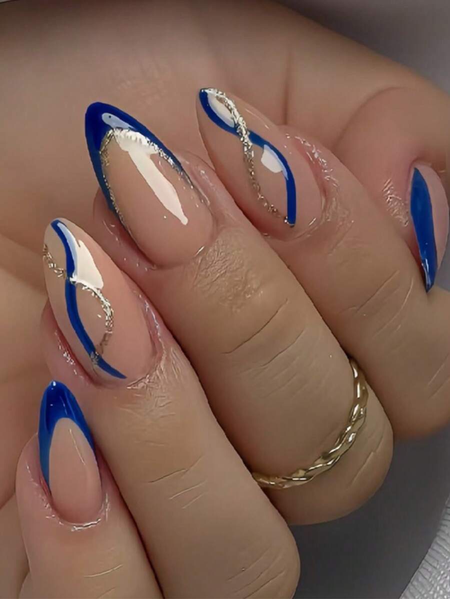 24片法式美甲贴纸，中号杏仁形蓝色法式设计，蓝金条纹装饰假指甲，美甲套装包含1张贴纸和1个迷你指甲锉，适合日常佩戴，美甲护理配件 - 彩色 - 查看 1