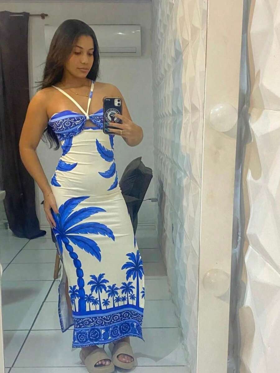 Printed Long Beach Dress, Tropical Blue. - 藍色椰子樹 - 查看 1