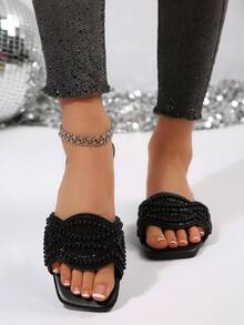 Women's Versatile Black Pearl & Rhinestone Flat Slippers, Summer - Black - View 7
