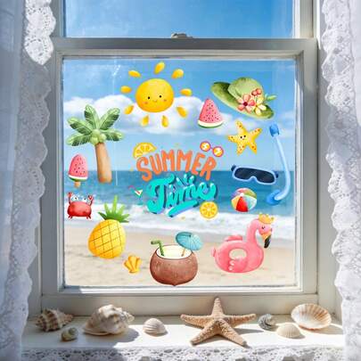 1/2 pièces Décalcomanies de fenêtre thème plage d'Hawaï et palmiers tropicaux - réutilisables, décalcomanies en PVC statique double face pour verre - idéal pour décorer les restaurants, dortoirs, salles de bain et salons