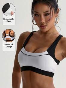 Women's Solid Black & White Patchwork Removable Padded Sports Racerback Knit Bra - Black and White - View 1