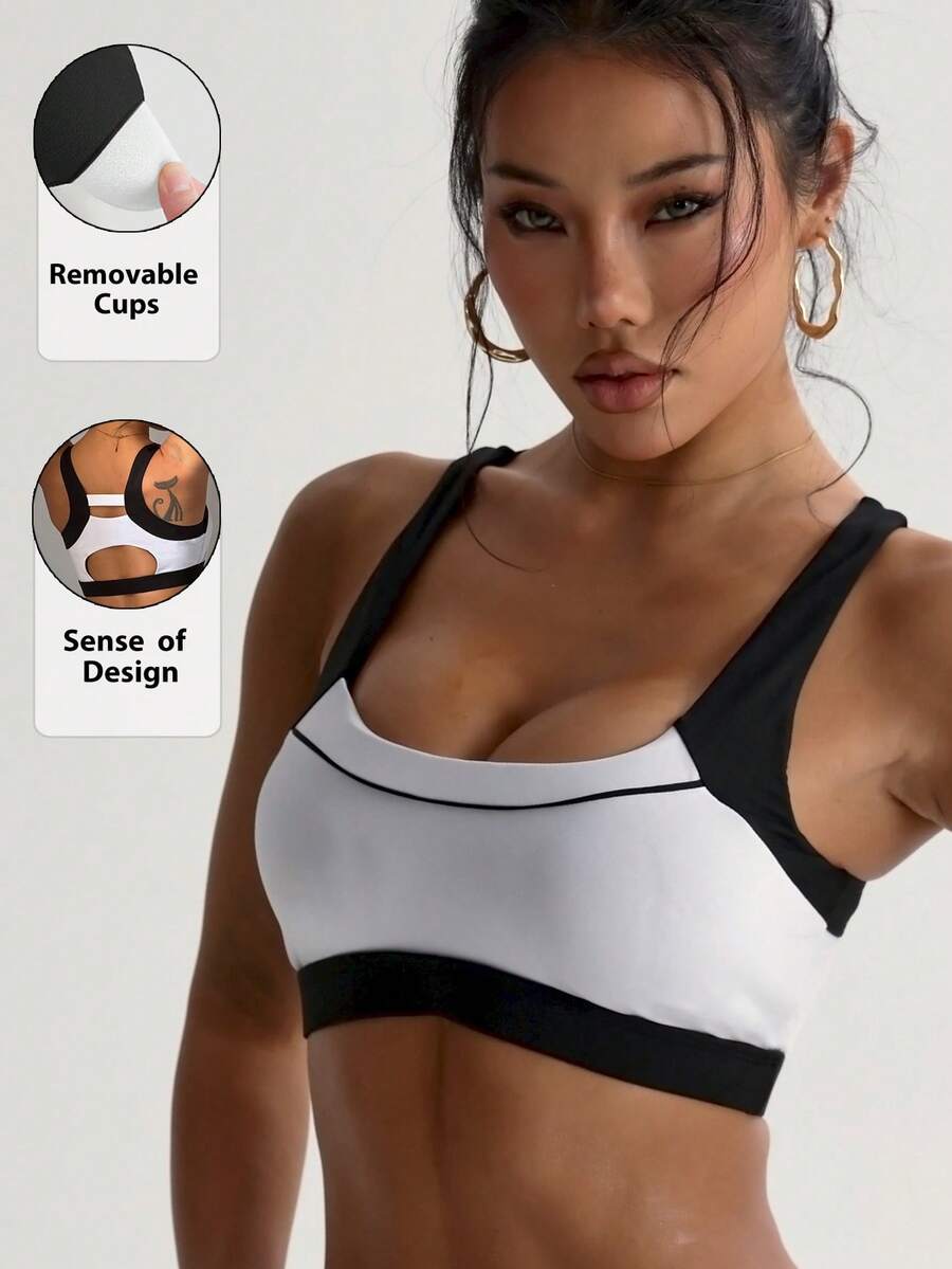 Women's Solid Black & White Patchwork Removable Padded Sports Racerback Knit Bra - Black and White - View 1