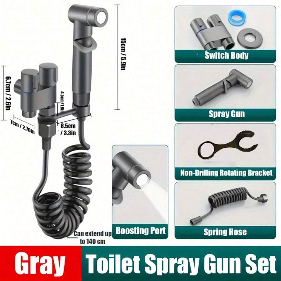 Stainless Steel Triangle Valve With One Inlet And Two Outlets, Equipped With A Spray Gun For Enhanced Flushing, Along With A Faucet. - A - View 1