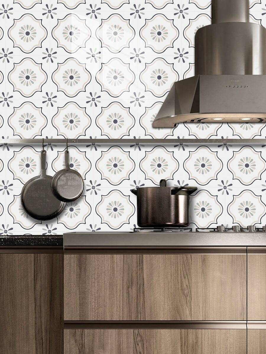 10pcs European Style Minimalist Soft, Heat-Resistant Geometric Outline & Retro Clover Floral Pattern Self-Adhesive Wall Decor Tiles, Suitable For Homestay Decor, Small Space Wall Beautification, Home Decoration - French Milky White - View 1
