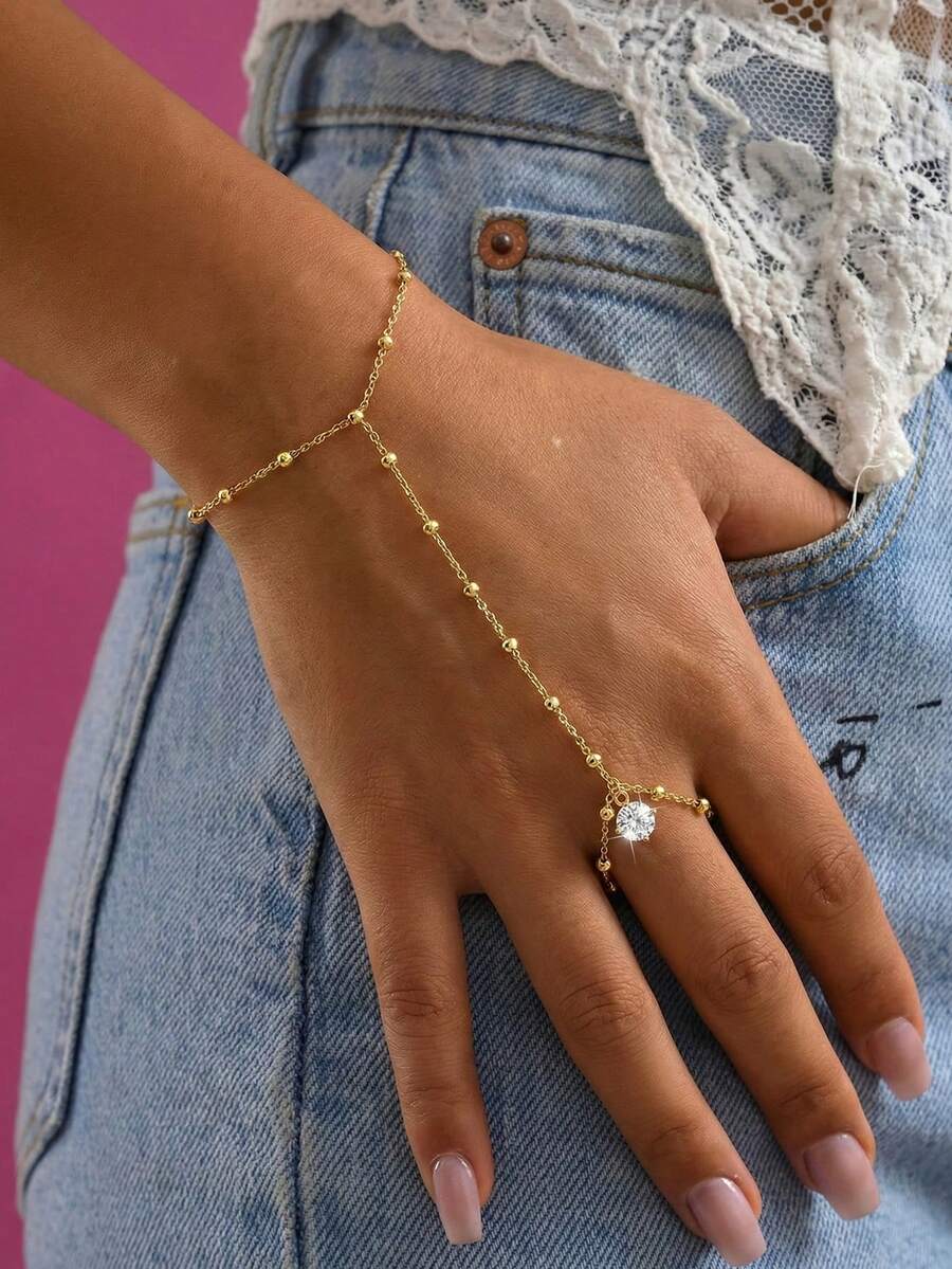 Hand Chain Bracelet With Heart Moon CZ Dangle For Women , Gold Plated Gold Beaded Ring Hand Chain Dainty Hand Chains Cubic Zirconia Finger Bracelet For Women Simple Body Jewelry For Elegant Daily Summer Jewelry - Gold - View 1