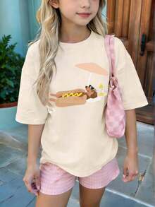 Áo thun ngắn tay cổ tròn in họa tiết phong cách thường ngày cho bé gái tuổi teen, áo mùa hè. - Màu be - Xem 4