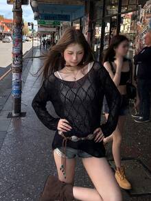 波西米亚风黑色不对称肩针织毛衣，女士夏季薄纱蕾丝罩衫，V领上衣 - 黑色 - 查看 3