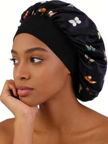 1pc Silk Satin Butterfly Print Sleep Cap/Shower Cap, Suitable For Curly/Straight/Braided Hair, Unisex - Multicolor - View 16
