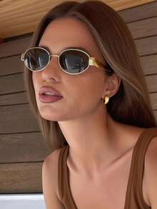 2pcs Retro Bohemian Metal Oval Shaped Fashion Glasses, Fashionable And Stylish For Street Photography - 2pcs Gold Grey Gold Tea Combination - View 3
