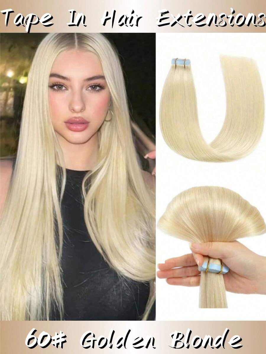 Lsybeauty Thick Tape In Human Hair Extensions ,Seamless  Skin Weft Extensions ,Remy  Human Hair,Multicolor  Color,Silky Straight For Fashion Women  ,16-26inch ,Easy To Apply (60#Golden Blonde ,50g 20pcs/Package) - S60 - 查看 1
