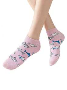 5 Pairs Unisex Spring/Autumn Crew Socks, Unique Cartoon Shark Low-Cut Breathable Slip-On Socks - Multicolor - View 3