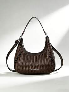Y2K Style Brown Crescent Moon Woven Bag - Fashionable Faux Leather Shoulder Handbag Suitable For Girls And Women - Coffee Brown - View 5