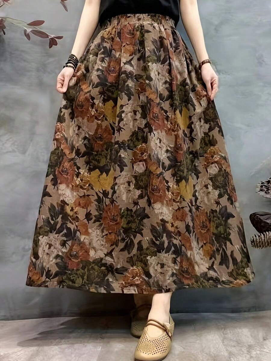 A Literary Style Woven Fabric Vintage Floral Print Women's Plus Size Flared Midi Skirt, For Summer Casual Wear, Nostalgic Gift, Coffee Base With Vintage Floral Print Women's Plus Size Flared Midi Skirt - 彩色 - 查看 1
