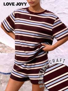 LOVE JOYY 女士两件套休闲套装，条纹宽松圆领短袖T恤搭配高腰短裤，时尚街头风，适合夏季日常出行、度假休闲穿着。 - 彩色 - 查看 7
