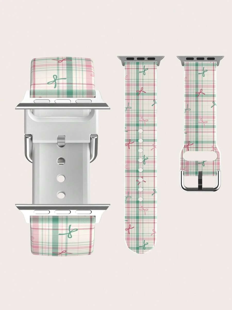 1pc Pink Plaid Bow + TPU Watch Band, Compatible With Apple Watch 38/40/41/42/43/44/45/49mm, Fits Universal 20mm, 22mm Strap - Multicolor - View 1