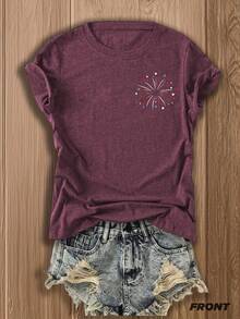 Women's Patriotic Fireworks & American Flag Print T-Shirt, Double-Sided Design, Perfect For 4th Of July Celebrations, Casual Fashion Graphic Tee, Festival Outfit, Soft Cotton Blend - 酒紅色 - 查看 2