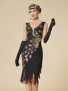 1920s Retro Peacock Feather Tassel Sequin Mini Dress, Party Outfit Wedding - Gold - View 4