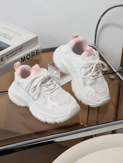 1 par de zapatos deportivos casuales para niños, combinación de rosa y blanco, con cordones y cierre de , tenis de campus con suela gruesa, cómodos y adecuados para uso diario, caminar, combinar con atuendos, para todas las estaciones