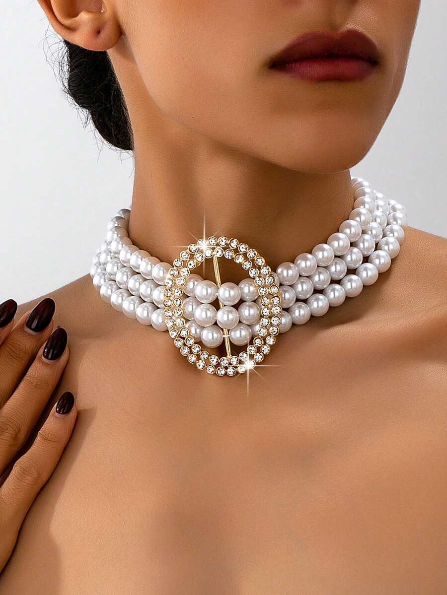1 chiếc vòng cổ nhiều lớp đính đá hình tròn rỗng thời trang, thanh lịch và tinh tế, thích hợp đeo hàng ngày cho phụ nữ. - trắng - Xem 1