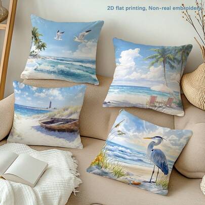 MEMNUN 4pcs Summer Watercolor Seaside Seagull Heron Wooden Chair Parasol Boat Print Pillow Covers [No Pillow Insert], 17.7*17.7in(45*45cm)/19.69*19.69in(50*50cm)/15.75*15.75in(40*40cm), [Single-Sided Printing], Made Of Polyester, Coastal Scenery Decorative Throw Pillow Cases For Sofa, Bed, Living Room, Bedroom, Car, Office, Hotel, All Seasons, Perfect Gift For Family And Friends