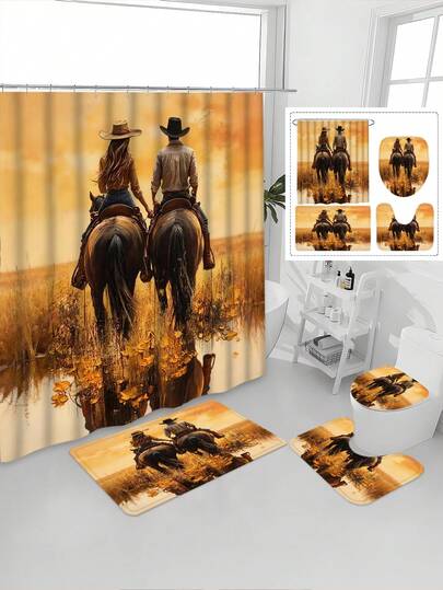 1/4pcs Western Cowboy Couple Pattern Waterproof Shower Curtain Set, Tranquil Healing, Waterproof Anti-Mildew, Thick Polyester, No Drill Installation, Anti-Slip Bath Mat, Absorbent Toilet Mat, Digital Printing, Fade-Resistant, Machine Washable, All Season, Holiday Limited Edition