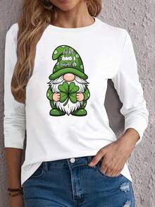 Soft Gray St. Patrick's Day Gnome Pattern T-Shirt |   Long-Sleeved Round-Neck Top, Casual Holiday T-Shirt, Women's Loose Fit, Lucky Clover Design,  St. Patrick's Day Outfit, Cool - 白色 - 查看 7