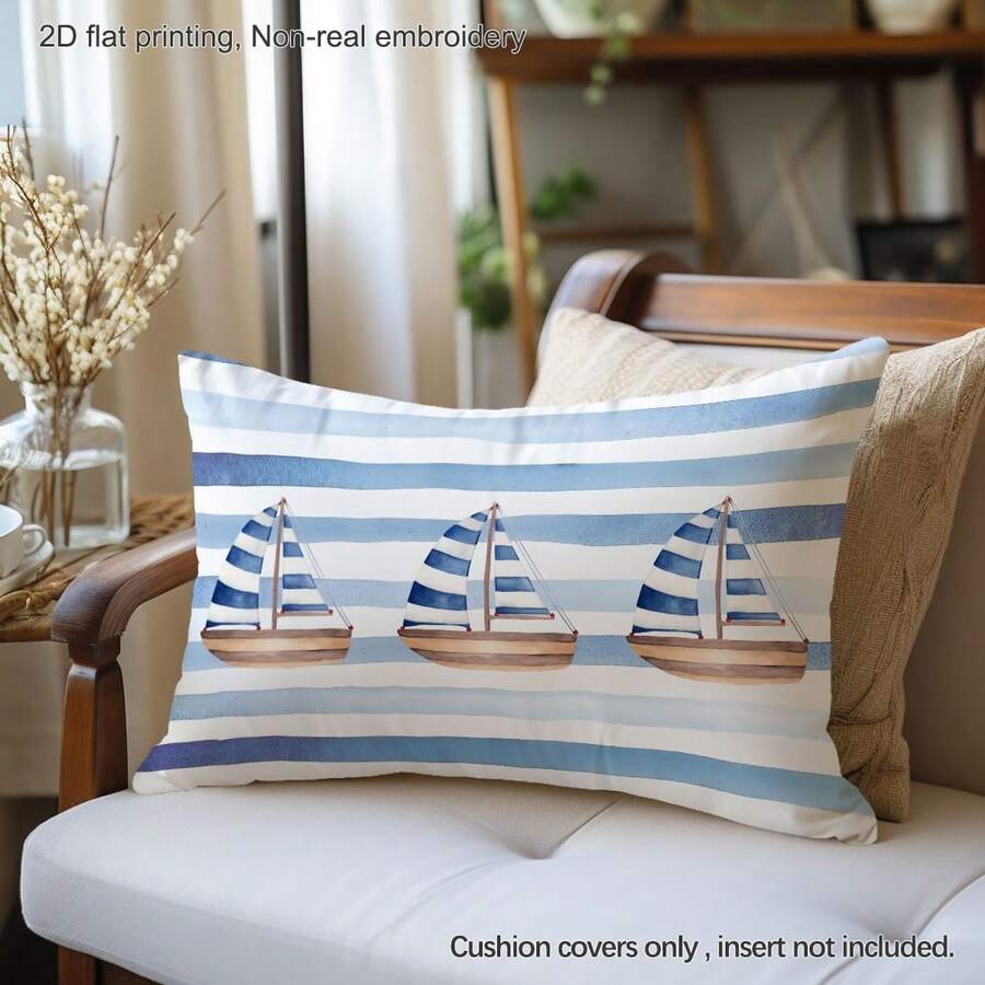 1pc Watercolor Striped Sailboat Print Pillow Cover [No Pillow Insert], 11.81*19.71in(30*50cm)/15.75*23.62in(40*60cm), [Single-Sided Printing], Made Of Polyester, Fresh Summer Style Throw Pillow Case For Sofa, Living Room, Bedroom, Car, Office, Hotel, Homestay Decor, Perfect Gift For Family And Friends - Multicolor - View 1