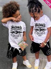 1PC T-Shirt Boys' Cotton Round Neck T-Shirt, Casual And Comfortable Spring And Summer Short-Sleeved Printed Top - 白色2 - 查看 1