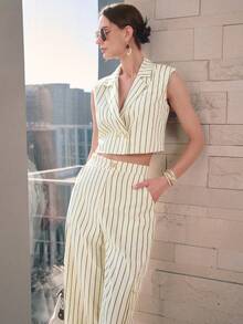 Sollinarry 女士夏季新款条纹翻领无袖上衣和带口袋的阔腿裤两件套，时尚通勤装，适合度假、下午茶和外出游玩。 - 杏色 - 查看 2