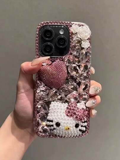 SANRIO Korean Cartoon Bling Rhinestone Heart Kitty Phone Case, Compatible With Apple 15 Pro, New 17/16 Pro Max, Shockproof Full Coverage Protective Case Compatible With Iphone 14 Pro, 13, 16 Pro, Fashionable Design For Women