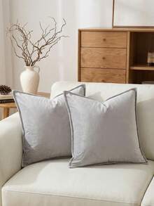 1pc Velvet Edged Throw Pillow Cover Solid Square Cushion Case For Sofa, Bedroom And Car,Fall Decor,Autumn Decor,Room Decor - Light Grey - View 2