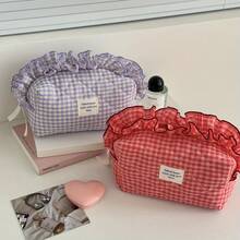 Lace Checkered Makeup Bag, Ins-Style Minimalist Niche Design For Girls, High-Value Appearance, Portable Large-Capacity Cosmetic Pouch For Outings, Home, Travel, And Universal Use - 紅莓蕾絲化妝包 - 查看 5