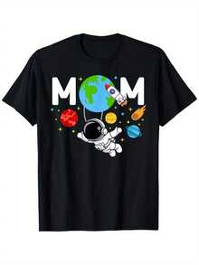 Leisure[Cotton Mom T-Shirt] 100% Cotton Unisex Casual Mom Mommy Mother Space Astronaut Birthday Family Matching T-Shirt Round Neck Outdoor Short - Black - View 6