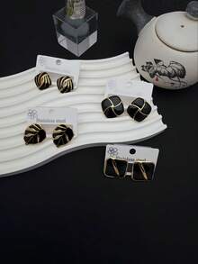 16 Pieces Of Stainless Steel "Light Wind" White Enamel Earrings, Featuring Golden Textures, With Various Elements Such As Simple Heart Shapes And Leaf Shapes, Etc. As The Design Of The Earrings, Suitable For Women To Wear (Random Shipment) - Multicolor - View 3