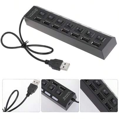 7-Port USB 2.0 Hub, 480Mbps 7 Port USB Hub No Conflict Plug & Play 7 Port USB 2.0 Hub For MousePrinterScanner