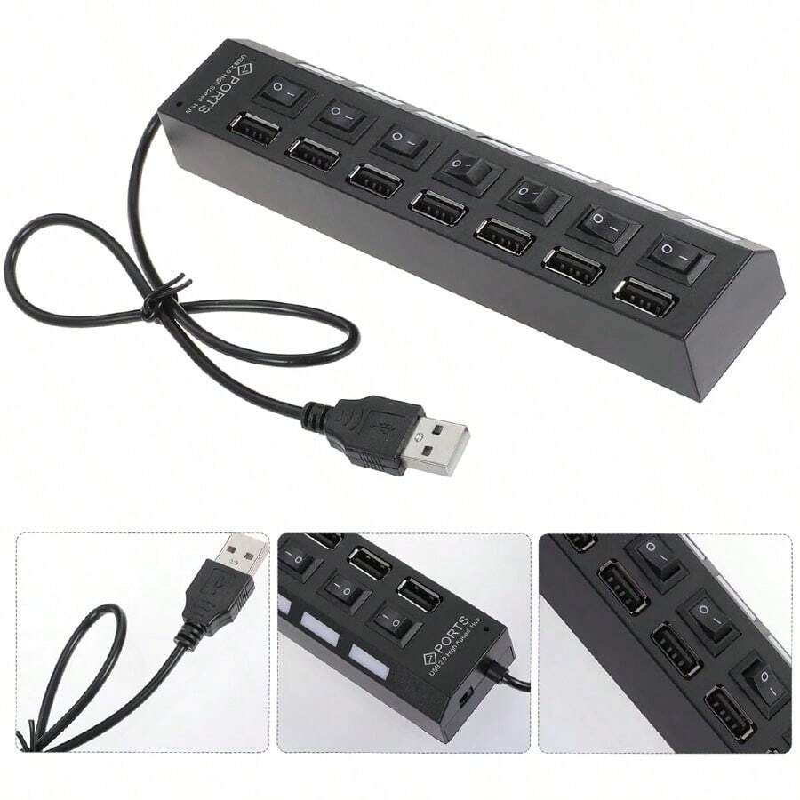 7-Port USB 2.0 Hub, 480Mbps 7 Port USB Hub No Conflict Plug & Play 7 Port USB 2.0 Hub For MousePrinterScanner - Xem 1
