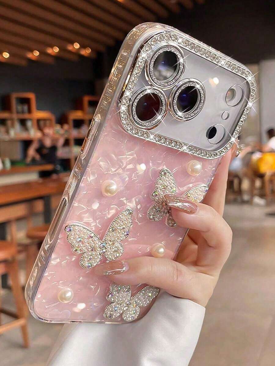 Premium Rhinestone, Pink Pearl, Heart & Butterfly Design Acrylic Hard Phone Case Compatible With Iphone 17 Pro Max/17 Pro/17 Air/17/16 Pro Max/16/16 Pro/16 Plus/15/15 Pro Max/15 Pro/15 Plus/11/12/13/14 Pro Max/11 Pro/11 Pro Max/12 Pro/12 Pro Max/13 Pro/13 Pro Max/7 Plus/14 Pro/14 Pro Max/14 Plus, Creative - 粉紅色珍珠手鍊 - 查看 1