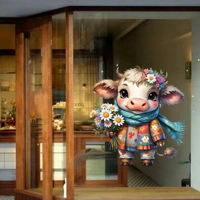 1/2pcsDecorative Glass Decals Cute Cow With Scarf And Flowers Static Cling Window Film For Living Room Bathroom Door Home Decor Removable Aesthetic Interior Wall Artworks