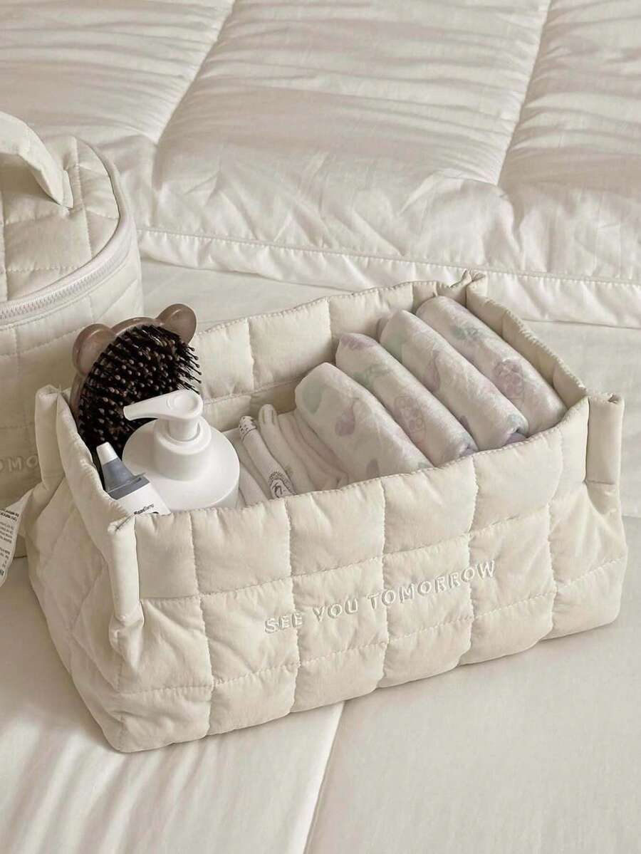 1pc Solid Color Plaid Quilted Pattern Baby Diaper Storage Basket, Diaper Changing Bag, Large Capacity Multi-Functional Baby Diaper Storage Basket, Baby Socks & Clothes Storage Basket - Multicolor - View 1