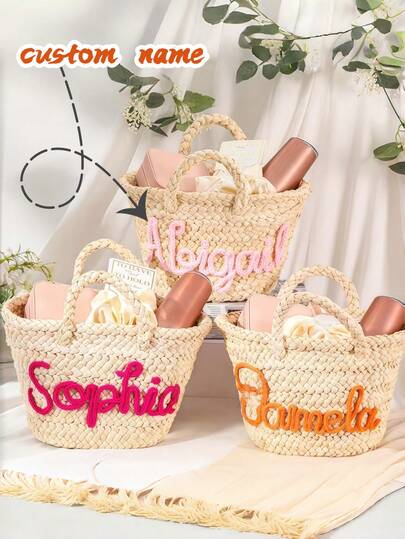 1pc Personalized Woven Tote Bag, Customized Children's Woven Beach Bag, Handwoven Toy Tote Bag, Letter Pattern Flower Girl Basket, Customizable Text, Suitable For Wedding, Beach, Honeymoon, Bridal Shower, Bachelorette Party, Birthday Gift, Handwoven Letter And Other Occasions