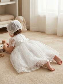 Baby Girl 0-2 Years White Dress, Round Neck Short Sleeve Embroidered Lace Trim Cute Flower Girl Princess Dress For Wedding, Birthday Party, Suitable For Banquet, Wedding Season, Outing, Evening Party, All Seasons - trắng - Xem 6