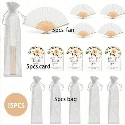 Quạt cầm tay gấp gọn, màu trắng, kèm túi vải organza và thẻ, thích hợp làm quà tặng cô dâu, trang trí phòng tân hôn, quà tặng tự làm, quà tặng ngày Valentine, quà tặng tiệc tùng, quạt gấp dành cho nữ.