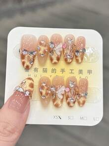 10pcs/Set Press On Nail Art, Dream Summer Ripples, Butterfly, Pile Of Rhinestones, Flashy, Cat's Eye, Wave Pattern, Hand Painted Balloons, Handmade Wearable Nail Art. - Multicolor - View 1