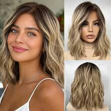 Peluca sintética de onda corta con flequillo, en degradado de marrón dorado, con línea de implantación natural y cabello bebé, de calidad de cabello natural, para cosplay, fiestas y uso diario - Multicolor - Ver 1